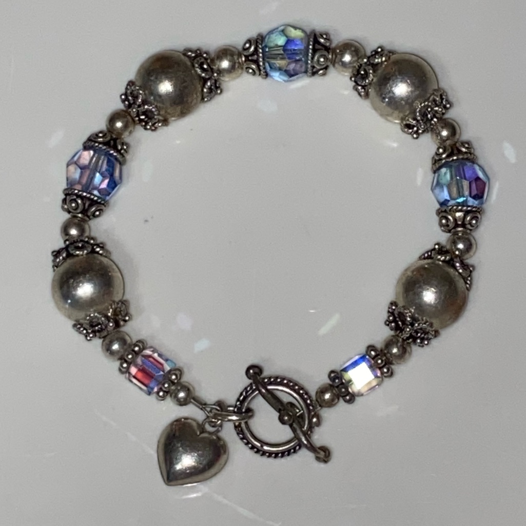 Sterling Silver Balls & Light Blue Beads With Puffed Heart Toggle Clasp Bracelet